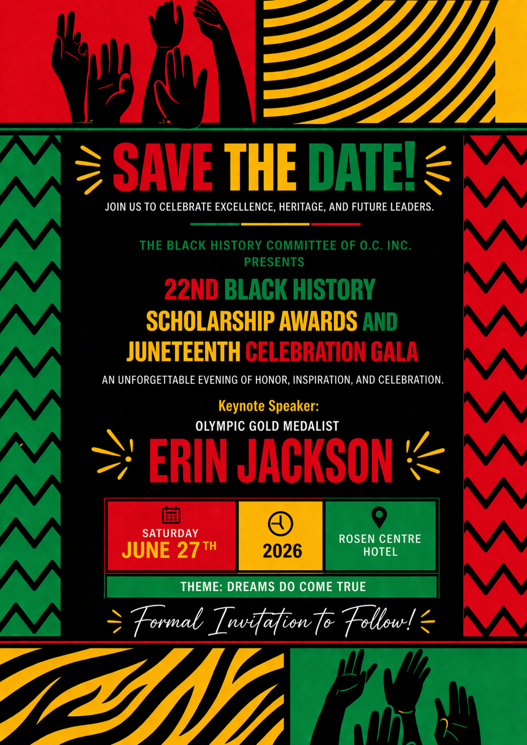 Save the Date flyer for the 22nd Black History Scholarship Awards and Juneteenth Celebration Gala